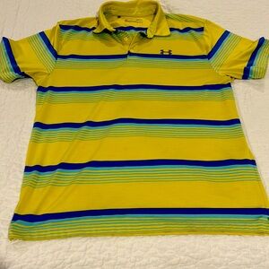 Under Armour Golf Polo Large Loose Yellow and Blue Stripe